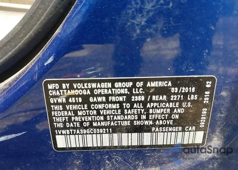 2016 Volkswagen Passat 1.8T Se z USA, uszkodzony, nr VIN 1VWBT7A39GC039211